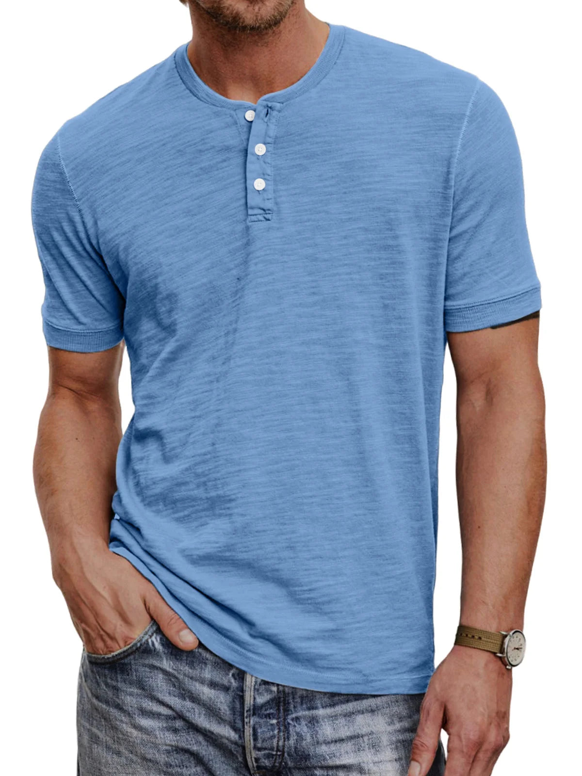 Ademend Korte Mouwen Henley T-shirt voor Mannen