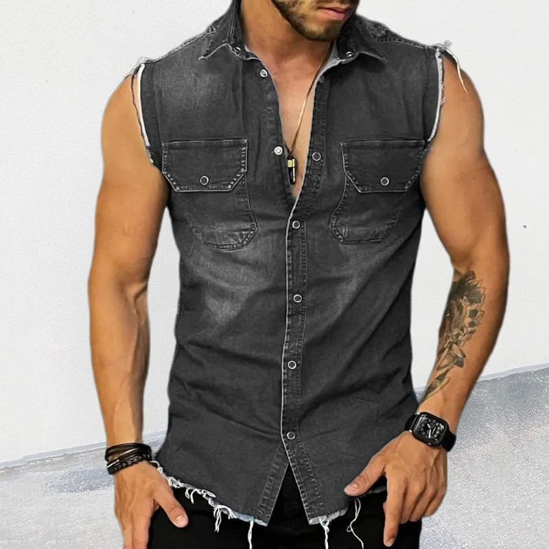 Vintage Mouwloos Denim Polo Shirt voor Heren
