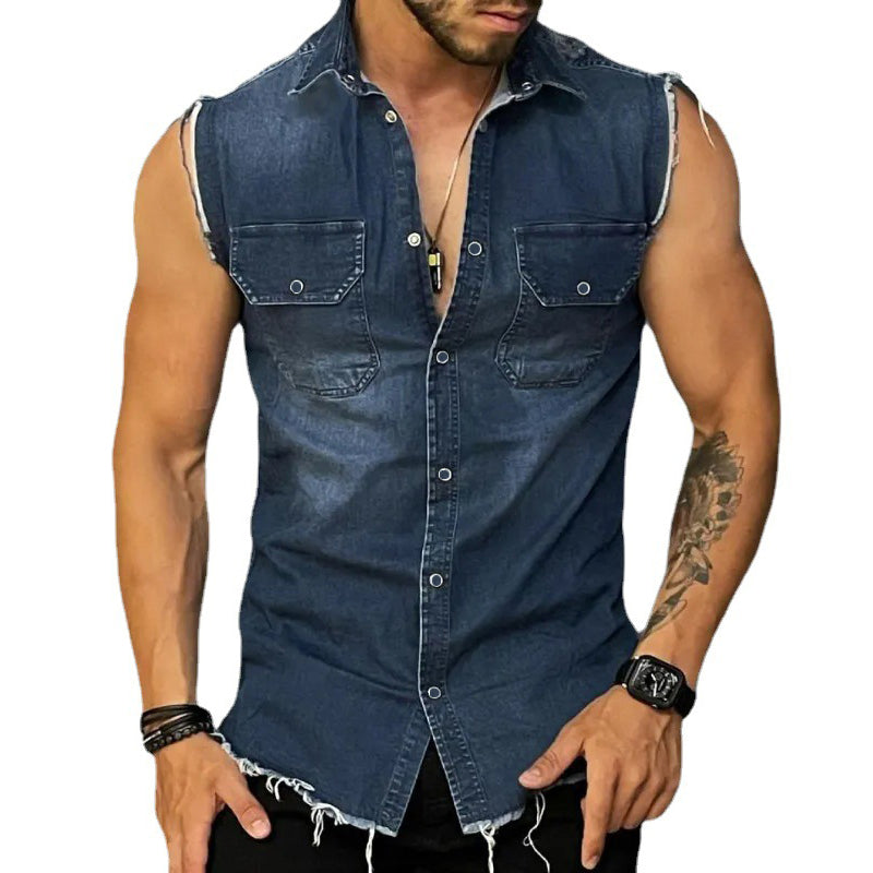 Vintage Mouwloos Denim Polo Shirt voor Heren