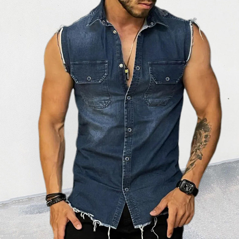 Vintage Mouwloos Denim Polo Shirt voor Heren