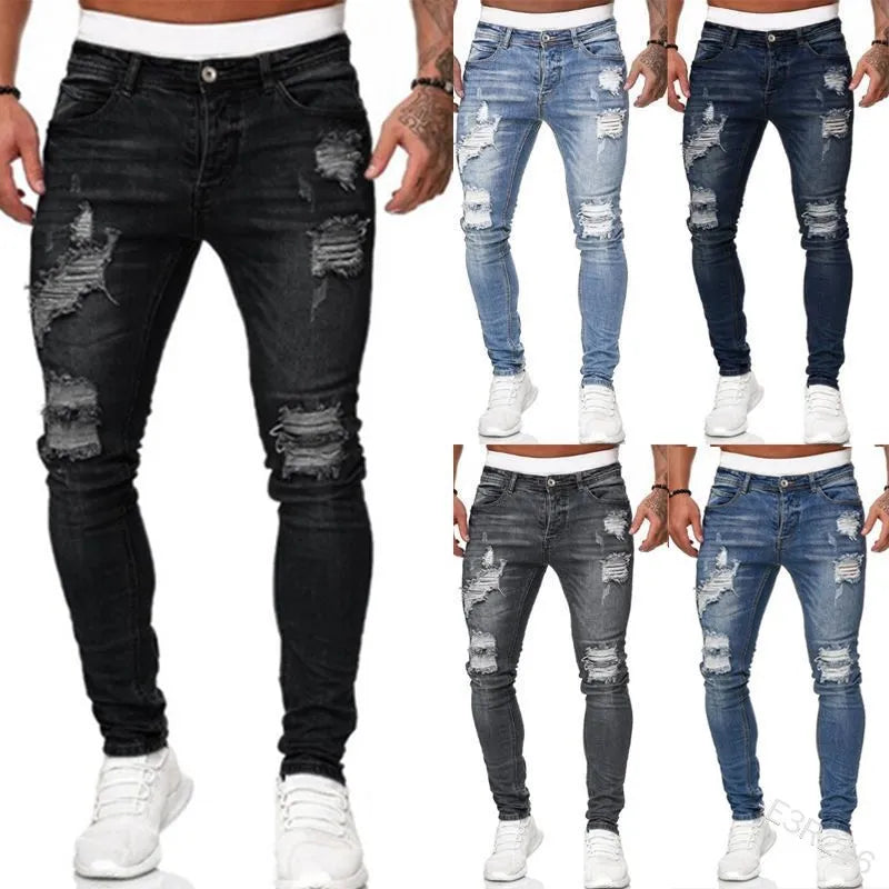 Heren Mode Gescheurde Skinny Fit Straat Jeans
