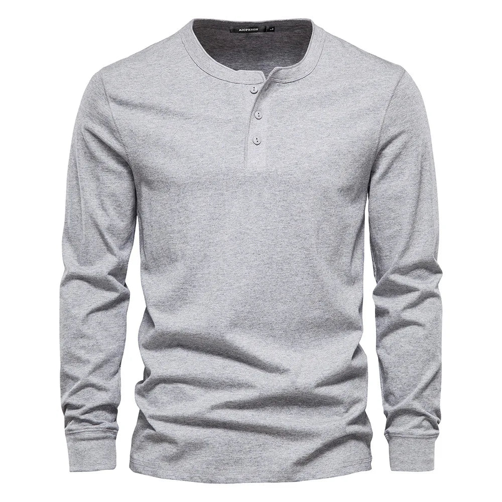 Klassiek Heren Katoen Henley Shirt met Lange Mouwen