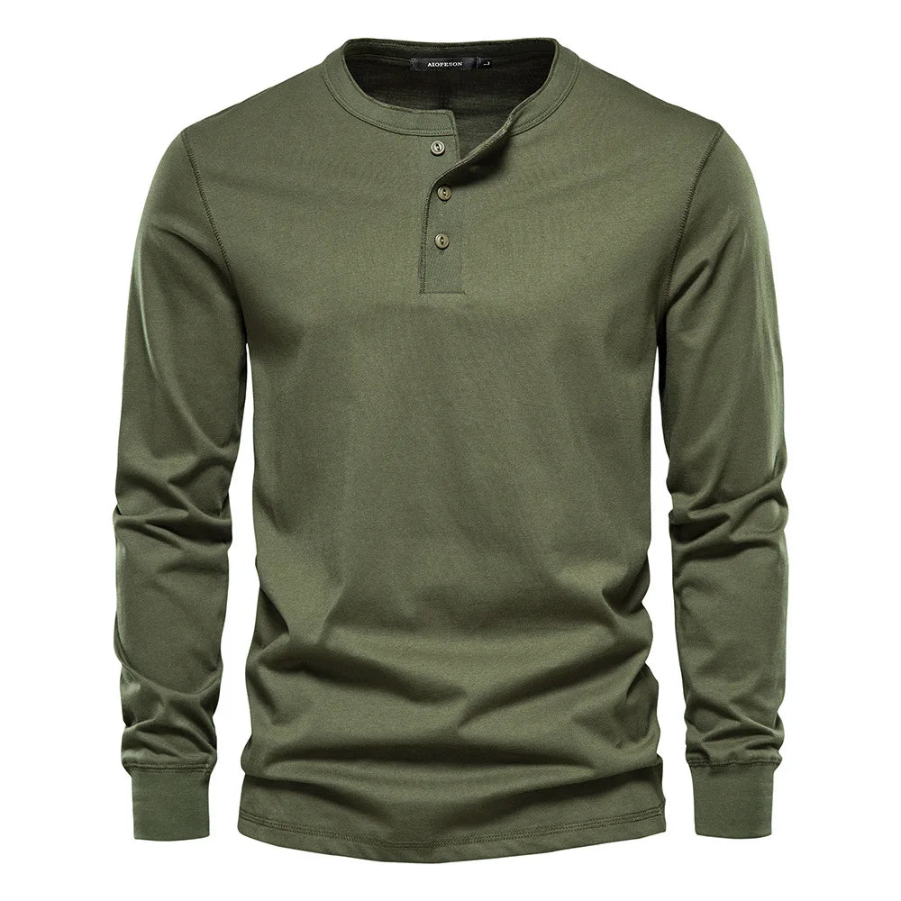 Klassiek Heren Katoen Henley Shirt met Lange Mouwen