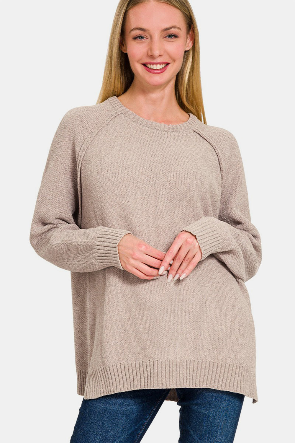 Zenana Sweater met Zijsplitten en Raglanmouwen