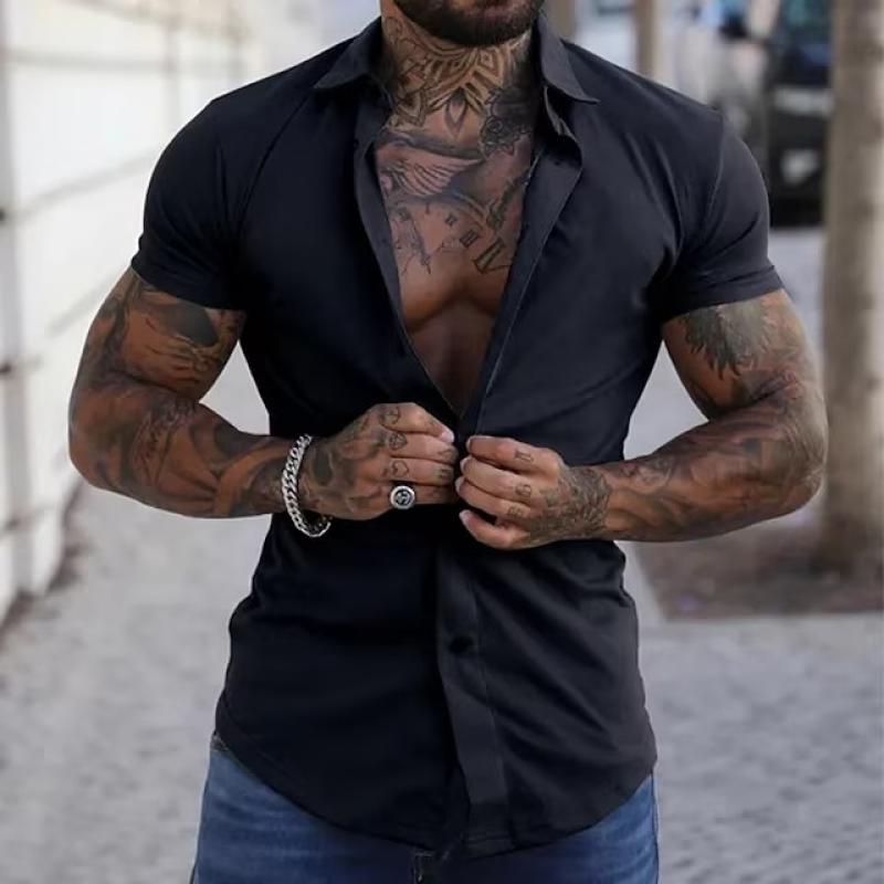 Effen Kraag Korte Mouwen Fitness Shirt voor Heren
